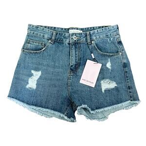 Avec Les Filles High Rise Denim Shorts Distressed Raw Hem Size 29 NEW